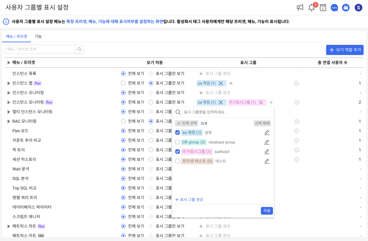 사용자 그룹 별 표시 설정 기본 화면